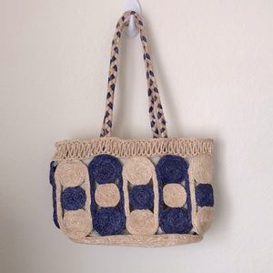 Blue tan straw handbag woven handmade Ethiopian beach bag